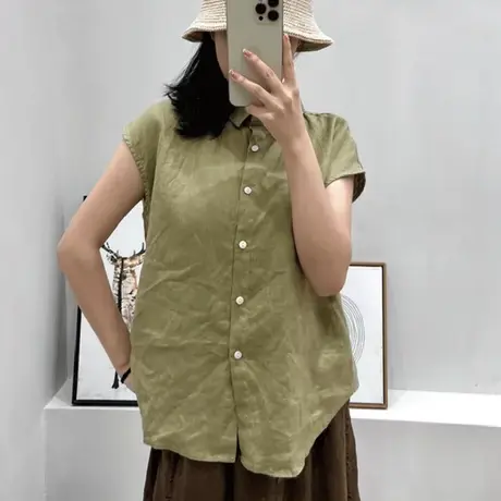 dza 文艺复古100%亚麻衬衣女士纯色翻领短袖衬衣开扣夏季棉麻上衣图片