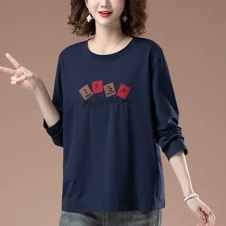 长袖t恤女春季新款加大码女装宽松百搭纯棉刺绣显瘦圆领打底衫女商品大图