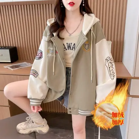卫衣外套女2023新款秋冬韩版宽松加绒加厚撞色休闲棒球服夹克开衫商品大图