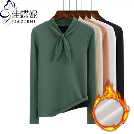 冬新款半高领蝴蝶领长袖修身纯棉加绒加厚体恤上衣打底衫女装T恤商品大图