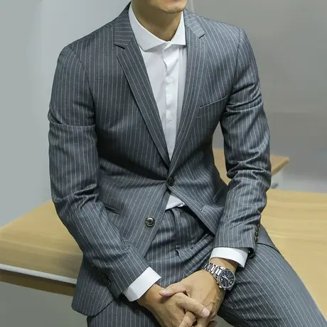 Seno意式西装条纹西装男两件套商务休闲韩版青年职业正装西服外套图片