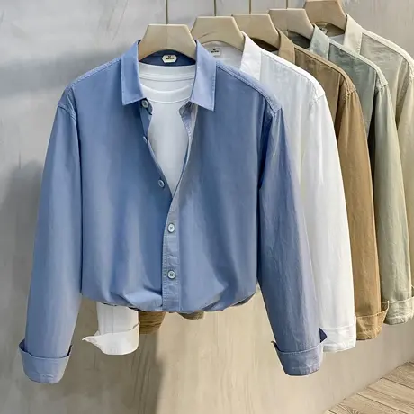 美式简约长袖衬衫男秋季宽松高级感纯棉寸衫纯色白色翻领衬衣外套商品大图