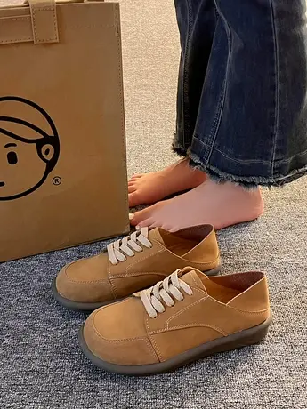 森系柔软休闲百搭单鞋女2023年秋新款文艺复古舒适圆头系带勃肯鞋图片