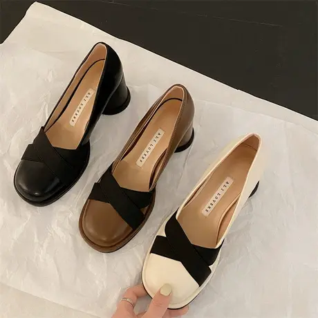 粗跟高跟鞋女鞋子2024年春秋新款复古圆头浅口配裙子百搭气质单鞋图片