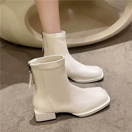 法式马丁靴女2024年秋冬新款方头粗跟百搭日常通勤增高切尔西靴女图片