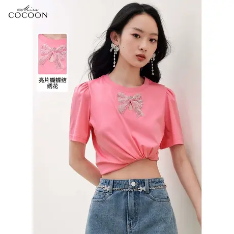 missCOCOON粉色亮片蝴蝶结短袖t恤女2023夏装新款温柔风气质体恤商品大图
