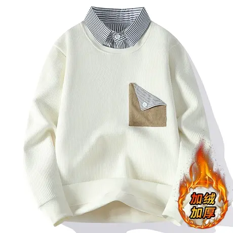 假两件毛衣男秋冬季加绒加厚衬衫领针织衫休闲帅气内搭毛线衣外套商品大图