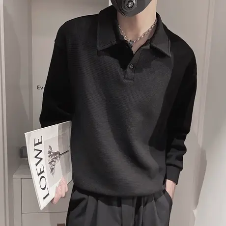 男士卫衣秋季新款潮牌时尚休闲纯色华夫格翻领POLO衫学生网红体恤商品大图