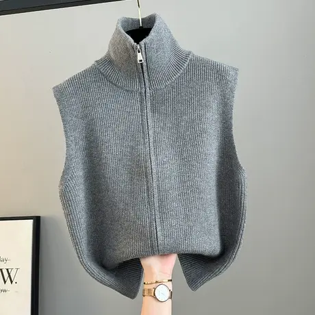 高领拉链针织开衫马甲背心女2025春秋冬新款宽松叠穿马夹毛衣坎肩商品大图