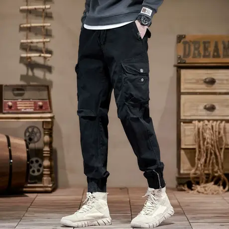 裤子男款时尚潮流美式复古束脚工装裤男户外宽松纯色男裤潮流男装商品大图