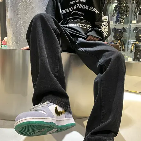 牛仔裤男夏季薄款宽松直筒裤潮牌阔腿纯色休闲长裤潮流高街百搭裤商品大图