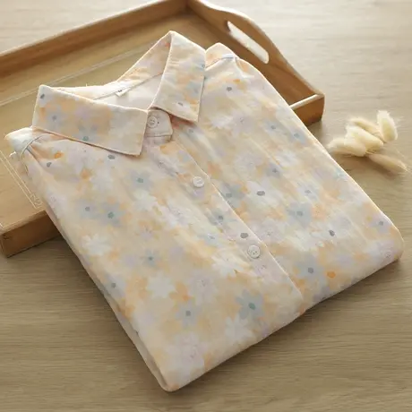 春秋新款韩版文艺小清新粉色花朵双层棉纱长袖衬衫女宽松打底上衣图片