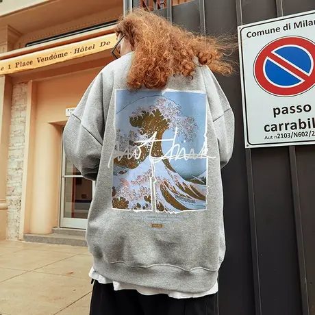 日系潮牌ins胖子卫衣男潮宽松圆领情侣衫原宿风oversize加绒外套商品大图