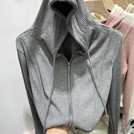 设计感双拉链螺纹连帽衫开衫女2024早春新款洋气长袖T恤小衫上衣商品大图