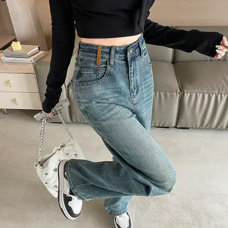 直筒牛仔裤女蓝色春秋2024年新款高腰显瘦设计感宽松窄版阔腿裤子商品大图