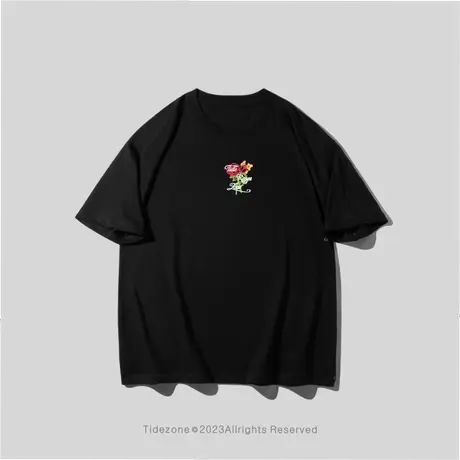 Ohlyah潮牌绿叶玫瑰花卉字母圆领宽松青年短袖t恤男女同款情侣装商品大图