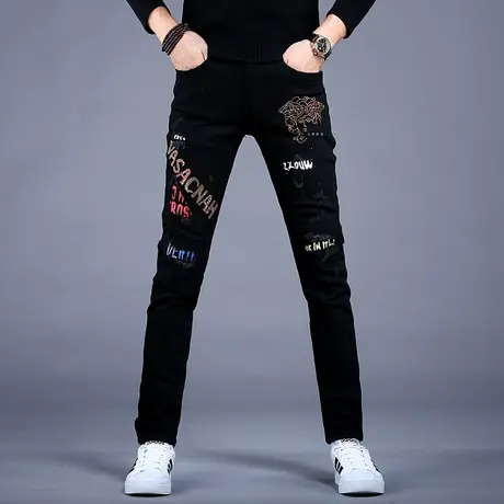 男士刺绣花牛仔裤男款秋款新款潮牌黑色轻奢休闲裤子潮流修身小脚图片