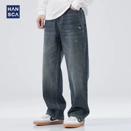 hansca美式高街男士牛仔裤宽松直筒2023新款阔腿休闲复古长裤子潮商品大图