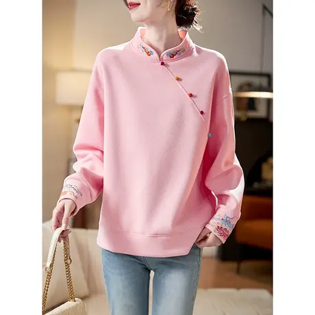 宝诗黎小立领国风刺绣卫衣2024新款简约百搭春季棉质长袖上衣女商品大图