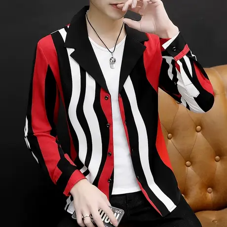 男士翻领个性外套社会小伙ins潮流男装衬衣帅气网红印花长袖衬衫商品大图