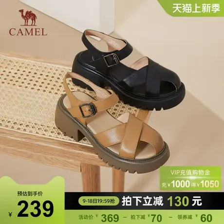 骆驼女鞋2023夏季新款时装经典罗马凉鞋女猪笼鞋真皮厚底粗跟凉鞋图片