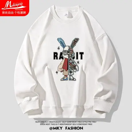 美式潮牌机械兔印花圆领卫衣男宽松大码春秋款oversize套头长袖衫商品大图