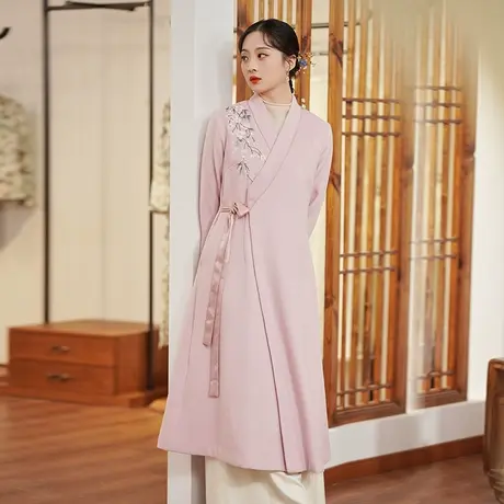 汉服改良交领系带宽松大衣中式复古绣花呢料加厚外套春季茶服商品大图
