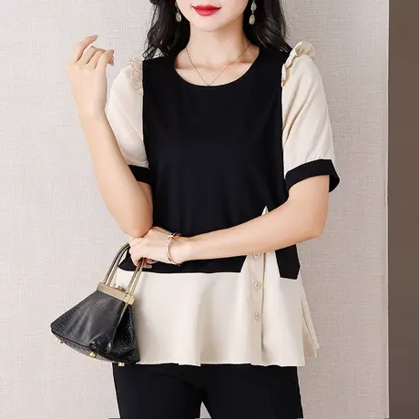 伊自尚2023年新款女装大码夏季胖mm洋气时尚百搭拼接雪纺衫上衣女商品大图