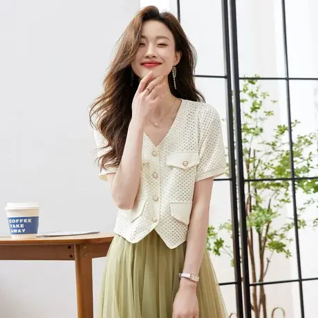 时尚气质短袖衬衫外套2023年夏季新款淑女温柔甜美V领显瘦上衣商品大图