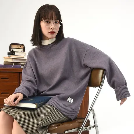 omont蛋挞家 复古圆领中长款毛衣女秋冬宽松外穿慵懒风情侣针织衫图片