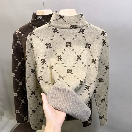 一体绒半高领毛衣女加绒打底衫2023秋冬新款针织衫内搭加厚上衣潮图片