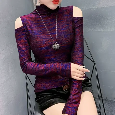 2023春秋新款性感露肩T恤女长袖洋气亮丝网纱上衣内搭修身打底衫商品大图