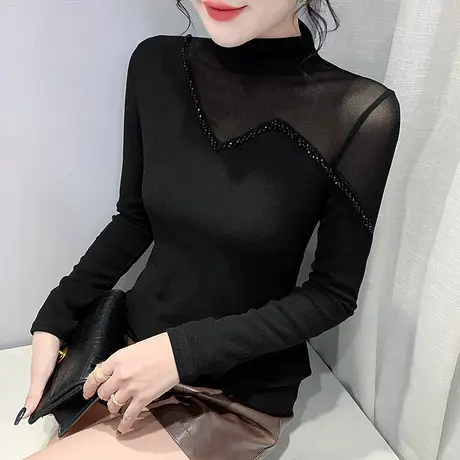 加绒加厚打底衫女秋冬时尚钉珠长袖T恤紧身内搭小衫网纱拼接上衣商品大图