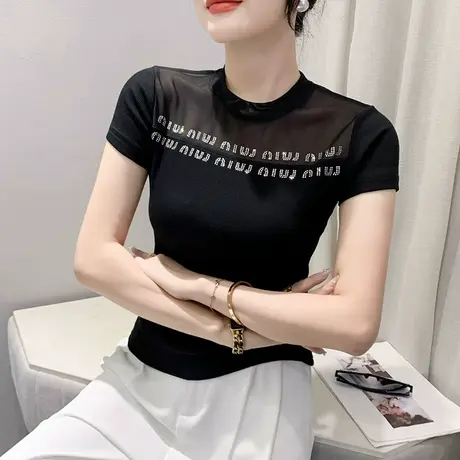 欧货网纱拼接T恤女短袖性感镂空小衫洋气烫钻上衣修身显瘦夏装潮商品大图