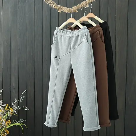 冬款华夫格加绒保暖休闲裤女松紧腰哈伦小脚裤宽松纯色小个子长裤图片