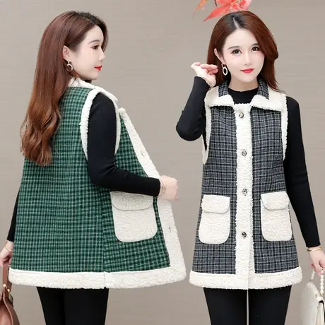 格子开衫马甲女复古秋冬季加绒加厚外套2022新款时尚减龄无袖马夹图片