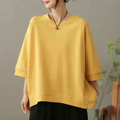 dza文艺复古全棉T恤女2023夏季新款纯色短袖体恤休闲宽松套头上衣商品大图