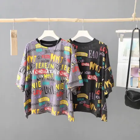 复古上衣印花短袖t恤女宽松大码圆领套头夏装新款休闲打底衫体恤图片