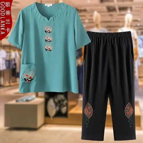 中老年妈妈夏装短袖t恤两件套大码宽松洋气V领民族风刺绣休闲套装商品大图
