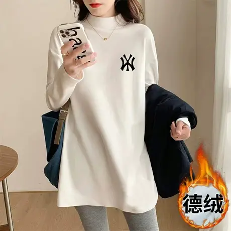 秋冬双面德绒半高领白色打底衫女宽松中长款破洞叠穿大码T恤内搭图片