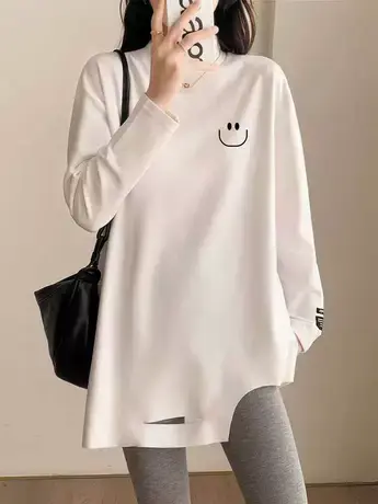 白色德绒半高领打底衫女秋冬大码宽松内搭长袖T恤女中长款上衣商品大图