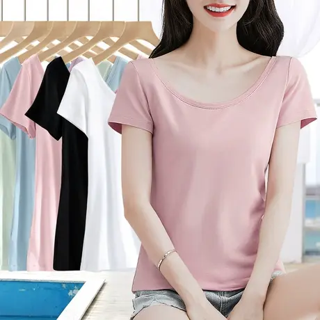 纯棉露锁骨短袖t恤女夏季百搭上衣低圆领体恤修身显瘦基础打底衫商品大图