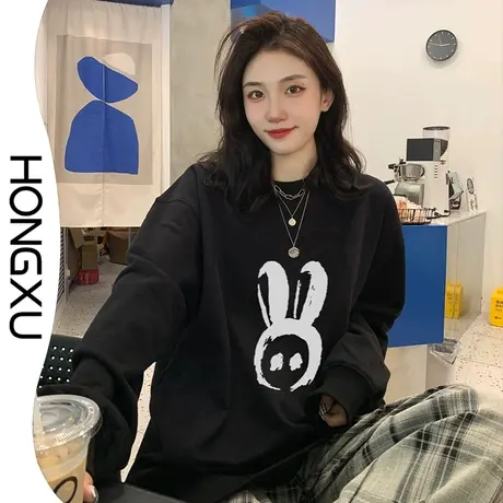 红续美式复古圆领卫衣2023年秋冬新款加厚加绒印花上衣百搭显瘦潮图片