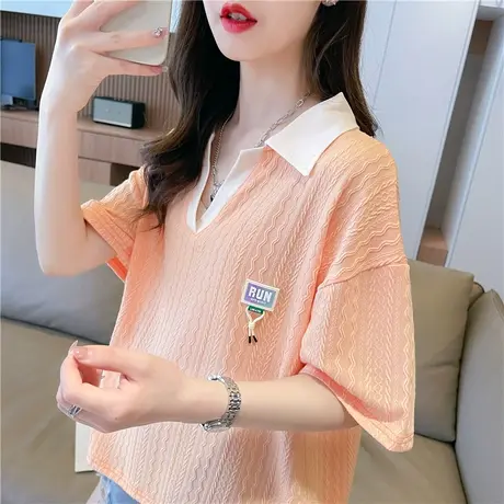 小众设计感短袖t恤女2023新款夏季韩版宽松小个子polo领撞色上衣图片