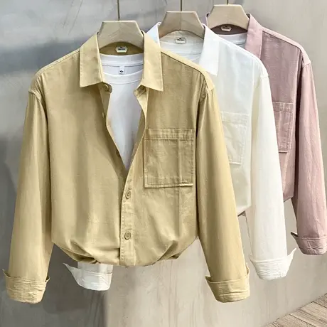 日系纯色休闲长袖衬衫男士春秋季百搭宽松纯棉白衬衣潮流外穿上衣商品大图