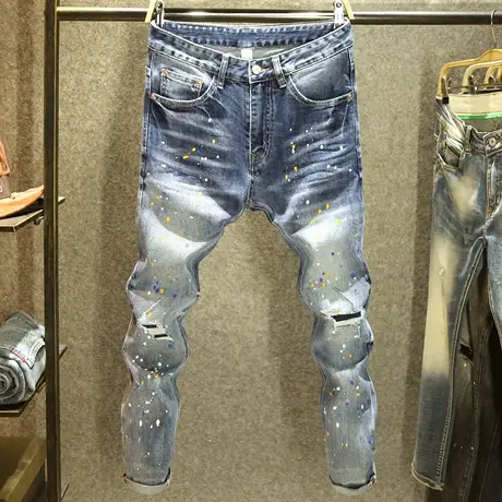 泼墨喷漆个性牛仔裤男潮流修身小脚裤夏季新款潮牌破洞拼色长裤子商品大图