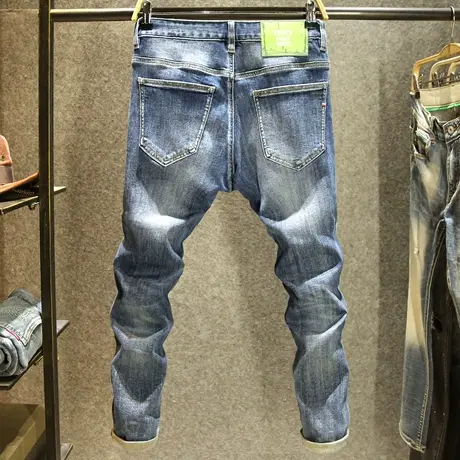 九分蓝色高端牛仔裤男款修身小脚裤潮牌质感高品质水洗弹力裤子男商品大图