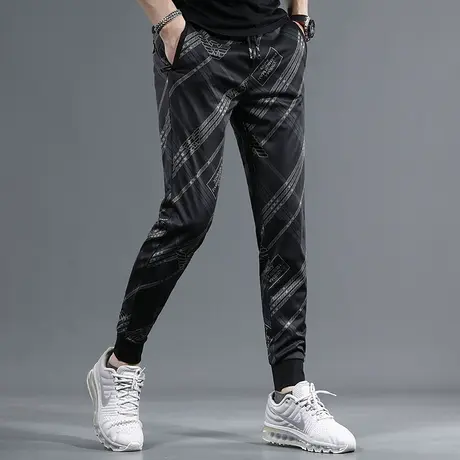 冰丝休闲裤男夏季新款黑色修身束脚时尚印花男士松紧腰弹力裤子男商品大图