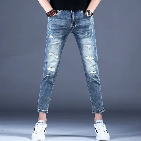 2023男士新款牛仔裤子简约修身潮牌破洞精致九分裤春夏百搭潮酷男图片
