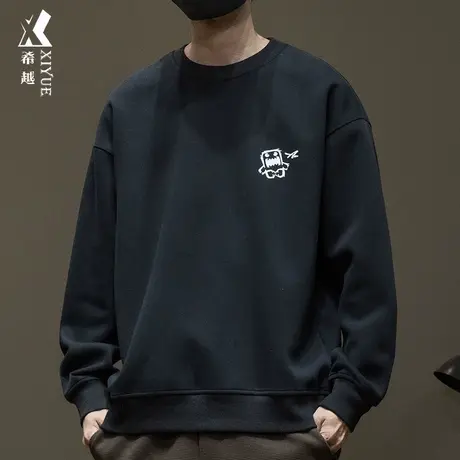 希越趣味发泡印花纯色卫衣男秋季宽松大码380g重磅圆领套头上衣潮商品大图